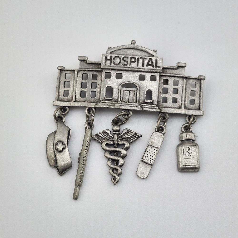 Vintage JJ Jonette Hospital Nursing Nurse Brooch Pin Pewter Tone‎ Metal